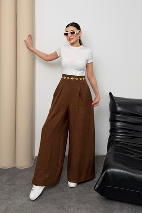 Hatun Atila A Pileli Arka Beli Lastikli Geniş Paça Filamlı Keten Palazzo Pant...