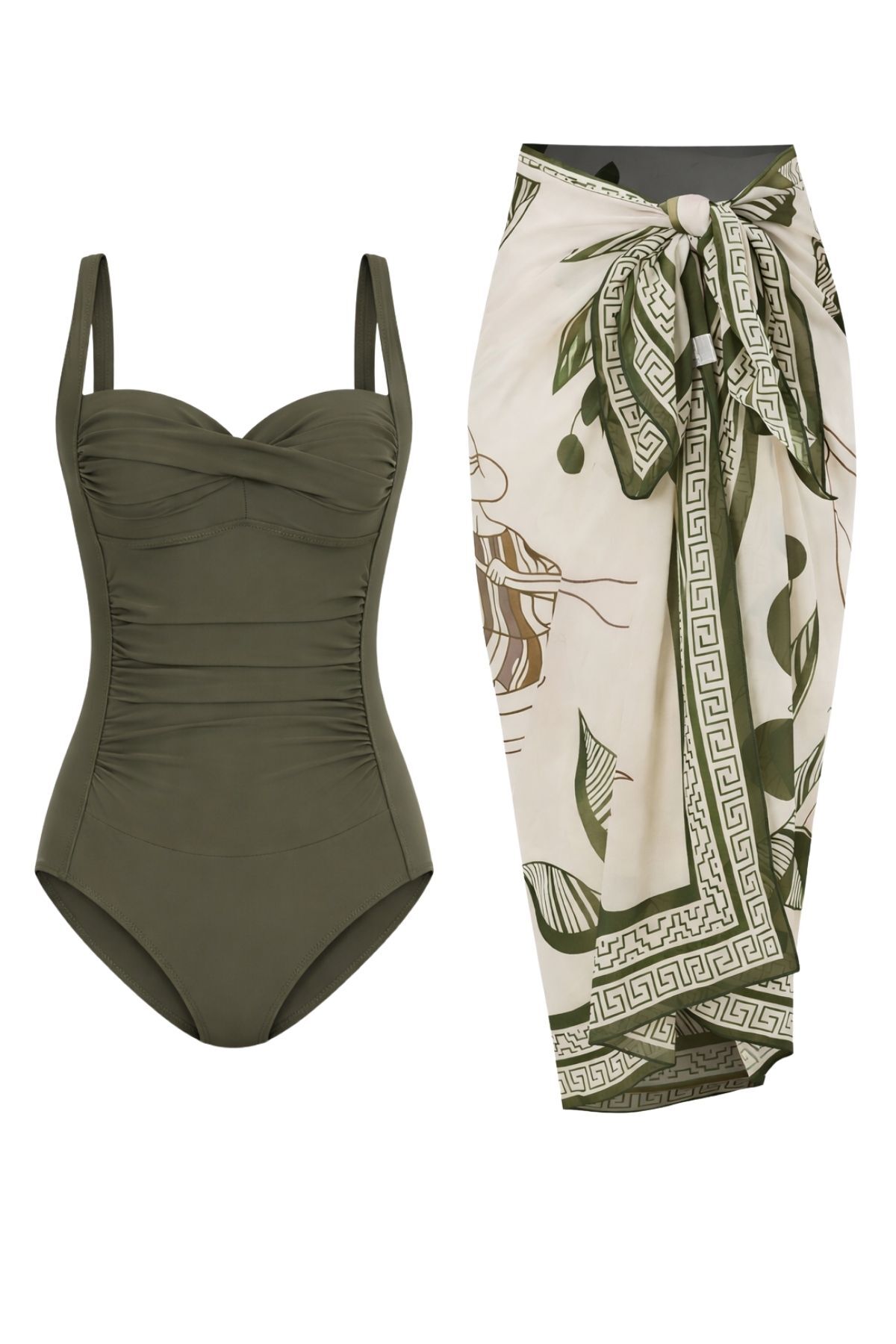 French Breezy Wrap-Up Draped Swimwear Pareo 2-Piece Set with Adjustable Strap,Stylish and Thinning Effect