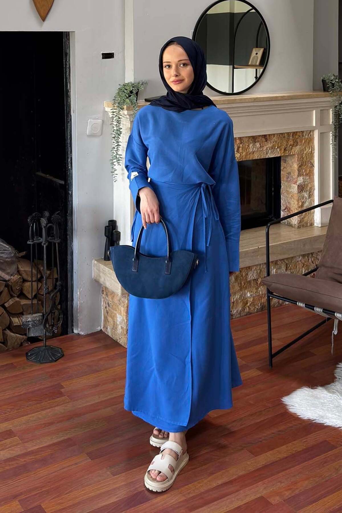 Lamelif Skirt with Tie Detail Set Saks Blue