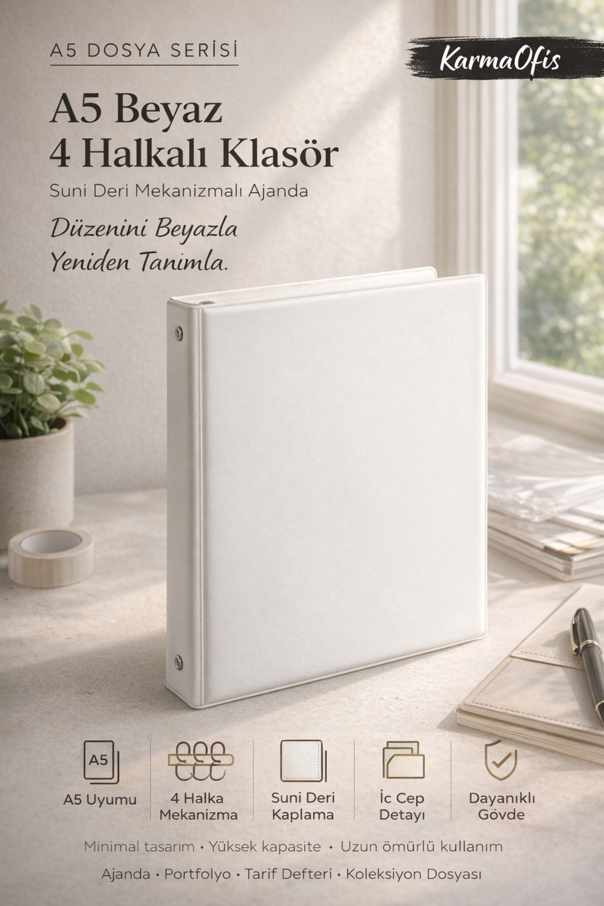 KarmaOfis A5 4 Halkalı Beyaz Klasör – Suni Deri Ajanda & Organizer