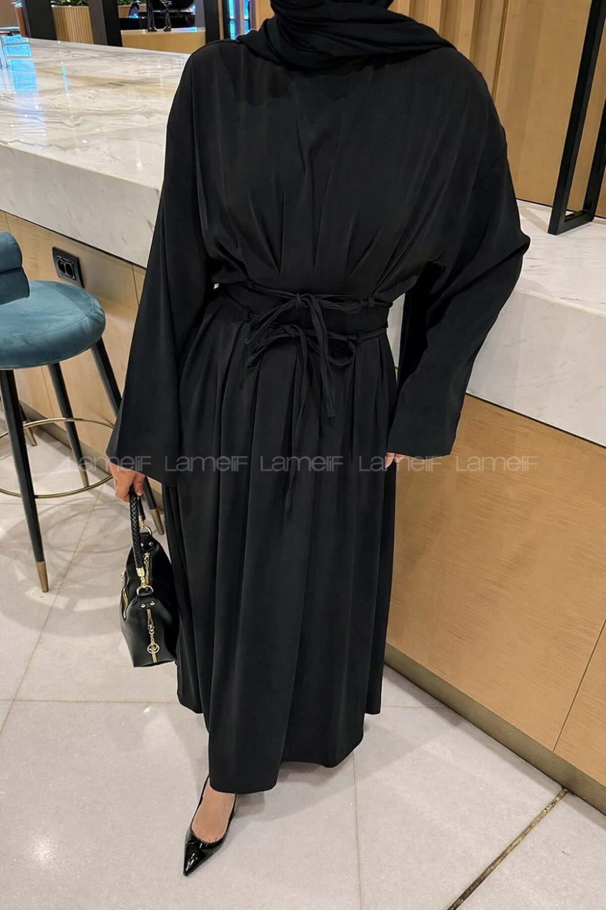 lamelif Nora Bağcıklı Tesettür Elbise Siyah görsel 2