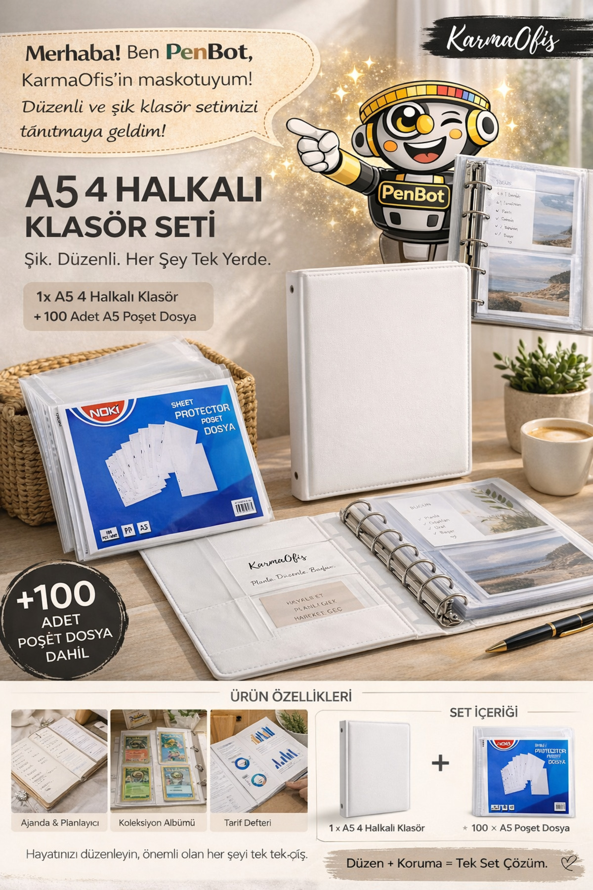 KarmaOfis A5 Beyaz 4 Halkalı Klasör Seti + 100 Adet Poşet | Suni