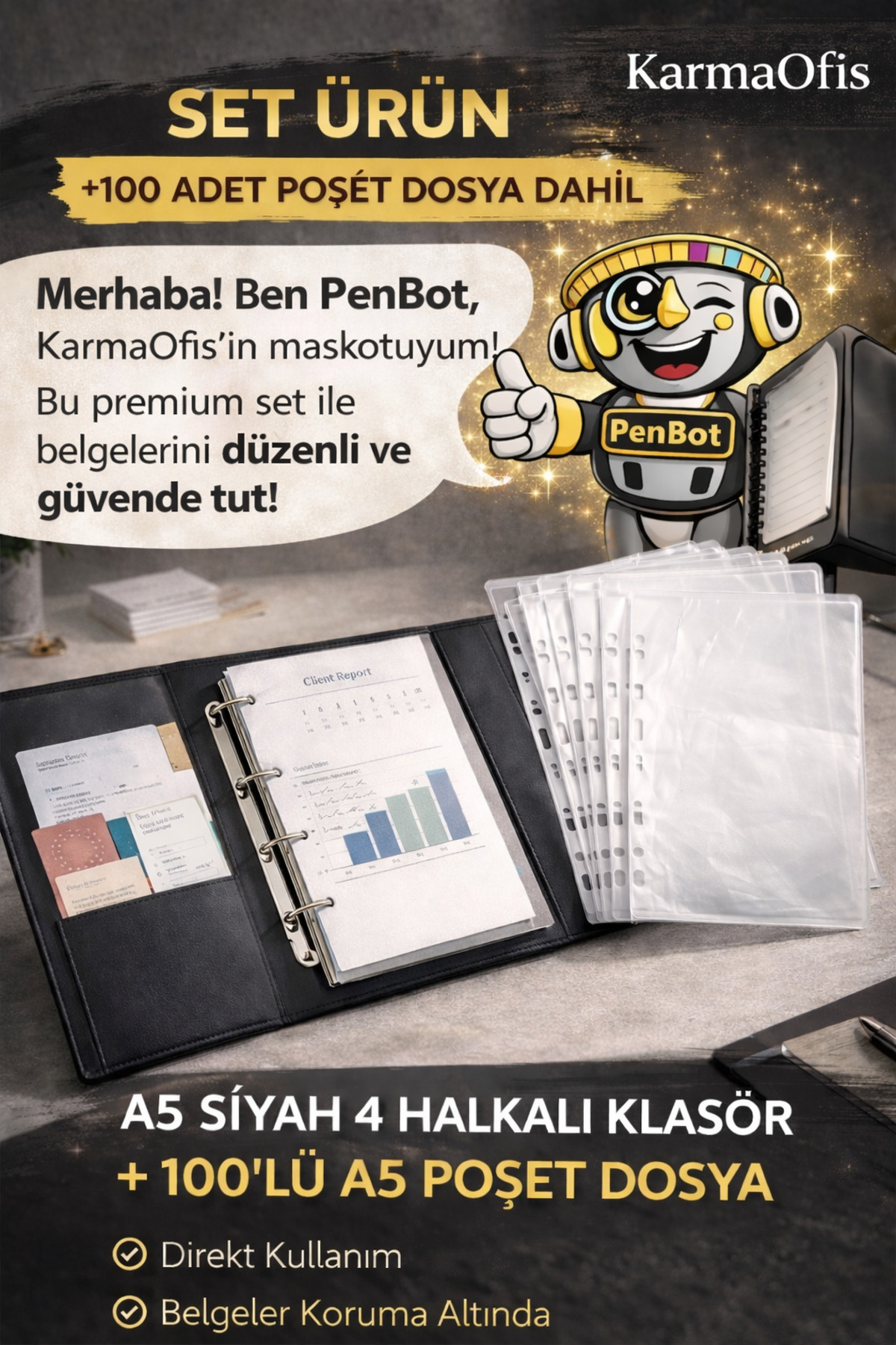 KarmaOfis A5 Siyah 4 Halkalı Klasör + 100 Adet A5 Poşet Dosya Seti