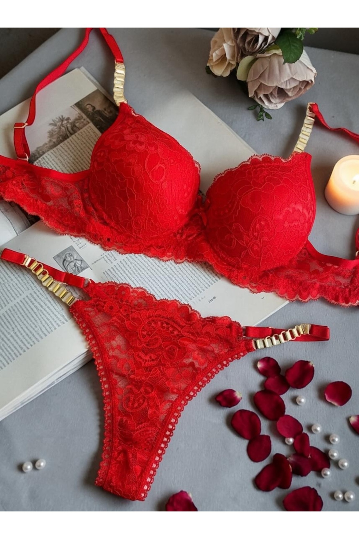 SATTENS - Bra set with lace chain support