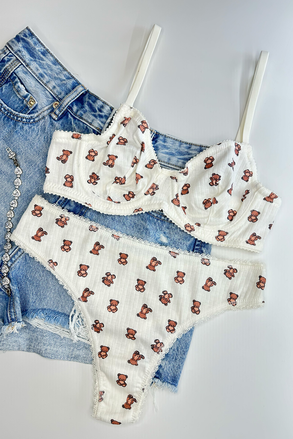 Teddy Bear Pattern Cotton Underwear Set with Underwire Ecru