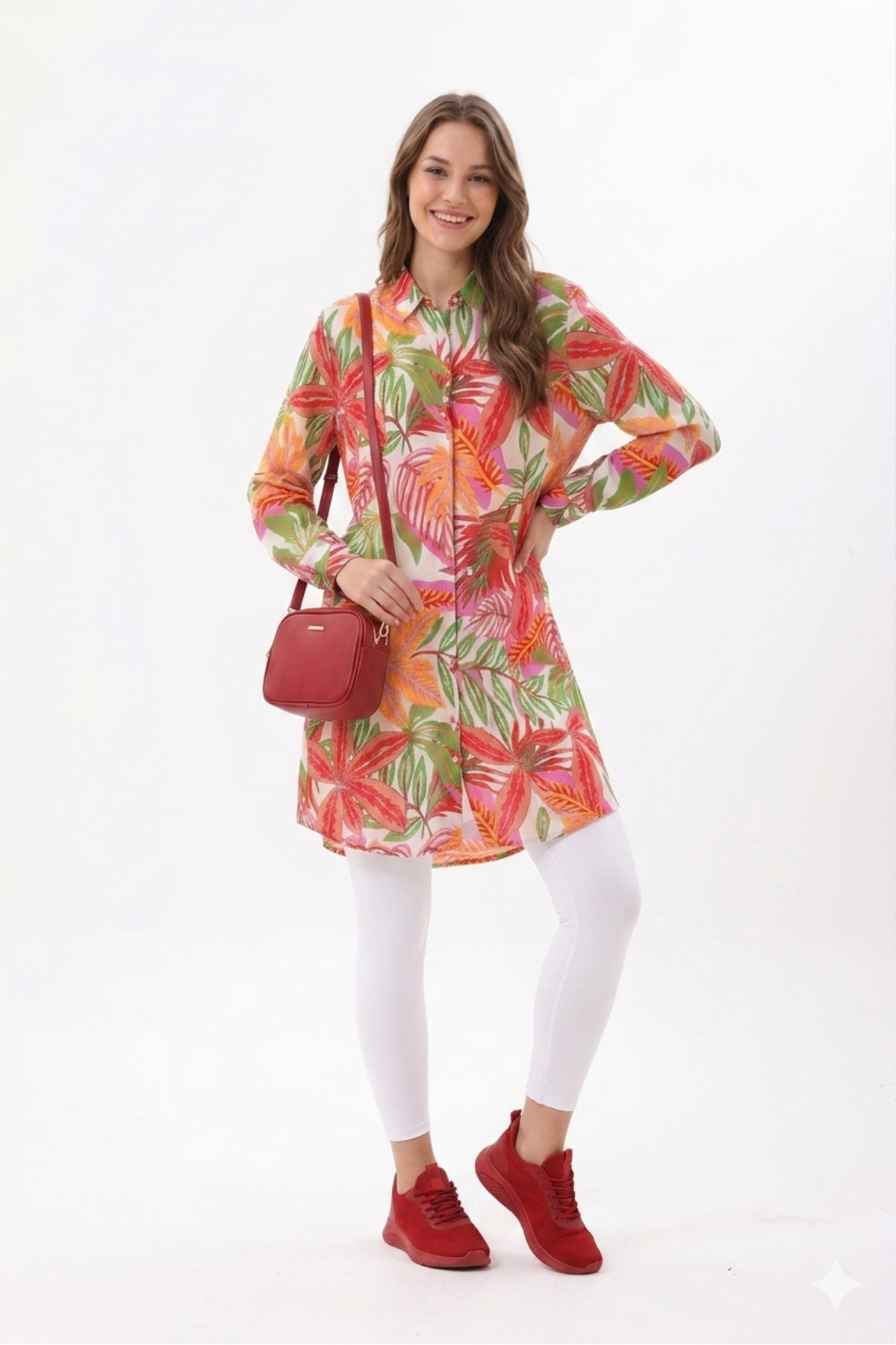 Women's Colorful Palm Pattern Tunic Shirt Dress