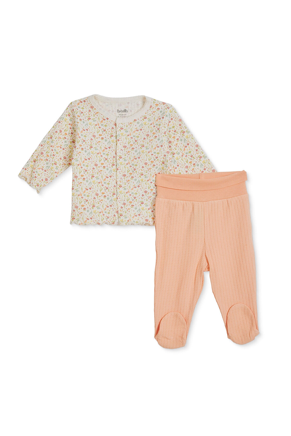 Baby Girl Cardigan-Bottom Floral Printed Snap Fastener Crew Neck Long Sleeve with Bootees