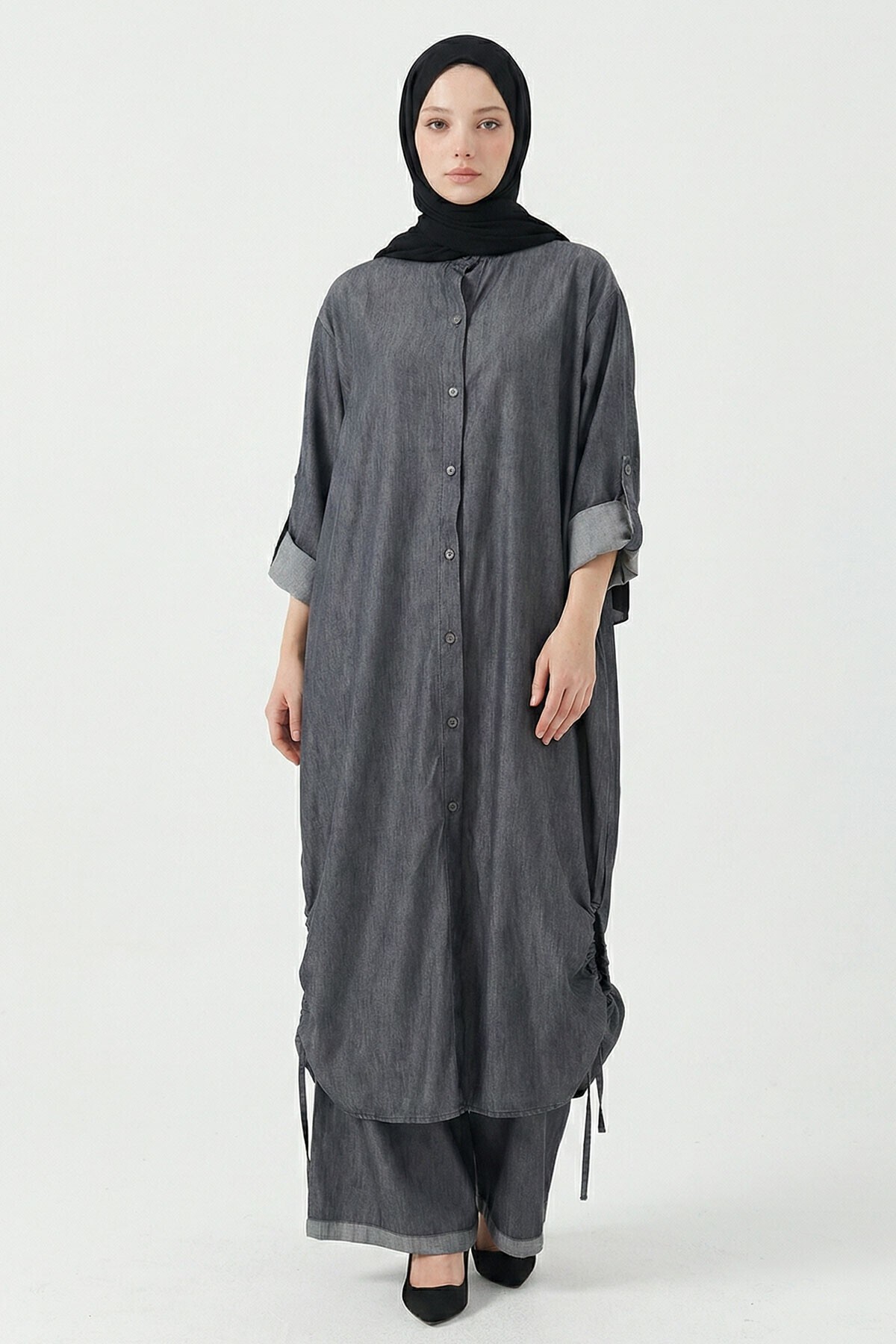 Anthracite Shirred Sides Long Length Shirt Pants Tencel Fabric Hijab Bottom Top Set