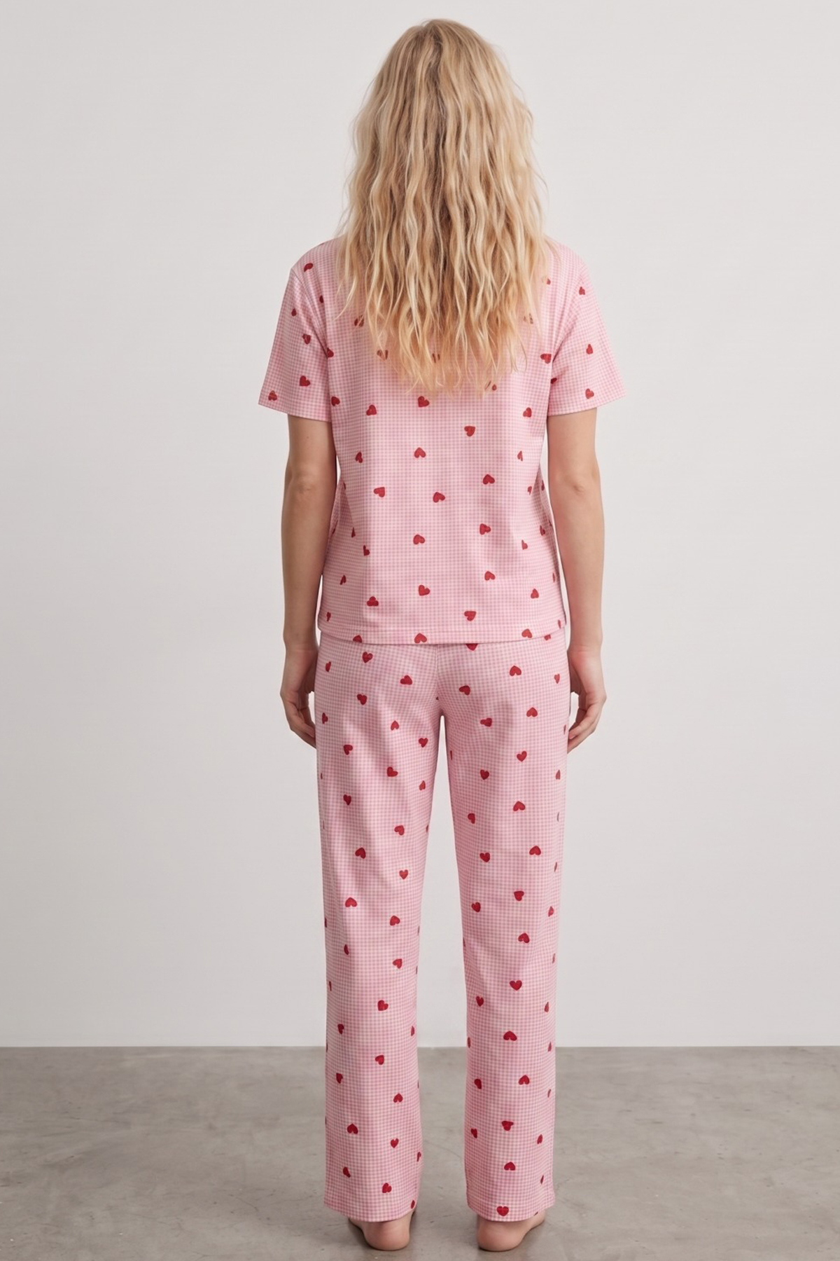 Siyah İnci  PEMBE EKOSELI KALP desenli İnce Soft Örme Mevsimlik Pijama Takımı 8003 - Görsel 3