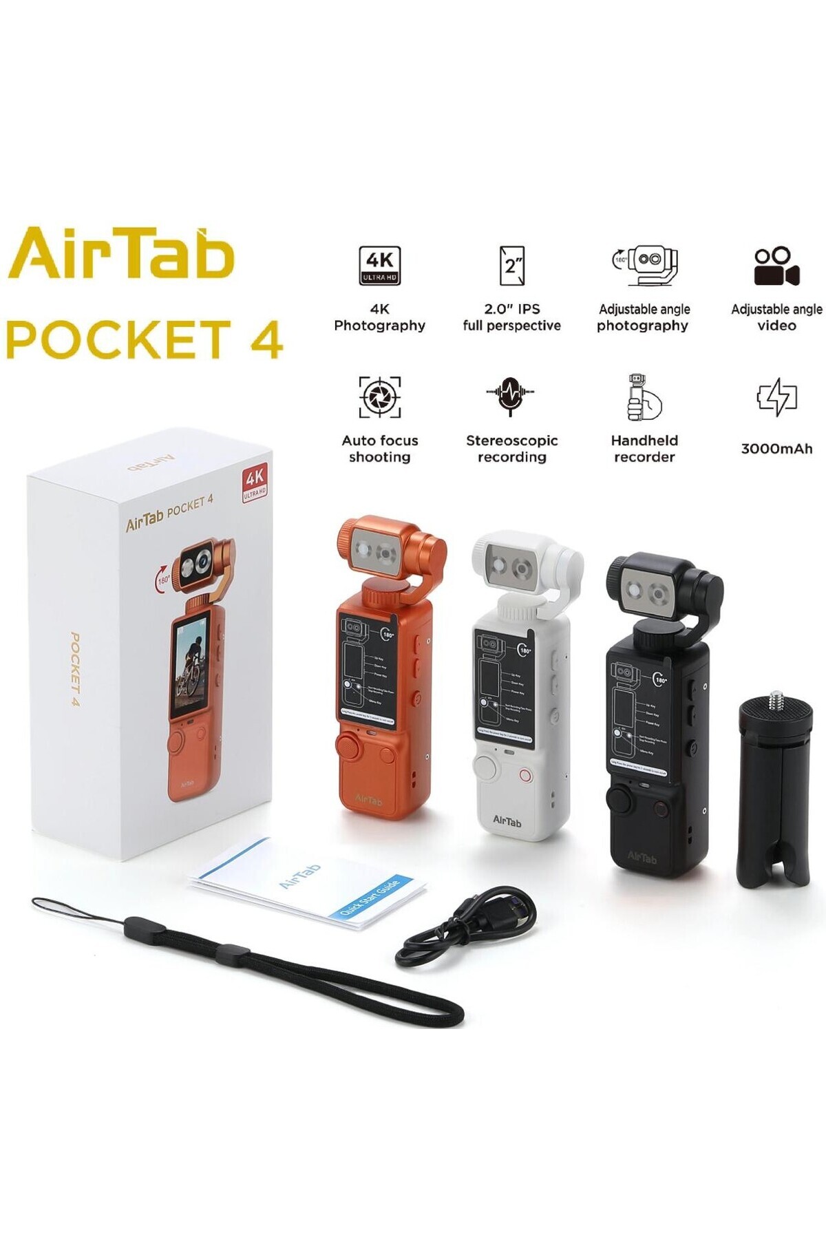 كاميرا AirTab POCKET 4K للتصوير الفيديوغرافي، كاميرا فيديو رقمية صغيرة بزاوية دوران 270 درجة ° عدسة دوارة، شاشة IPS 2.0 بوصة، تركي...