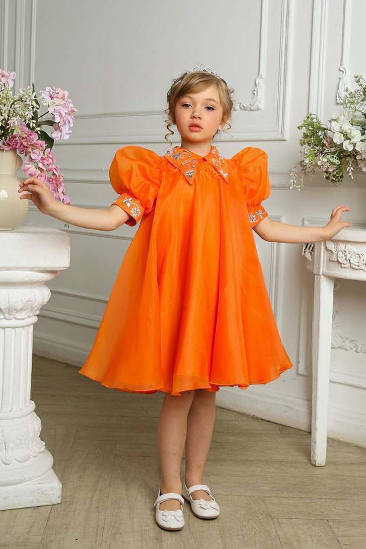 Girls Shoulder Stone Flower Embroidered Feathered Shirt Collar Lined Orange Dress