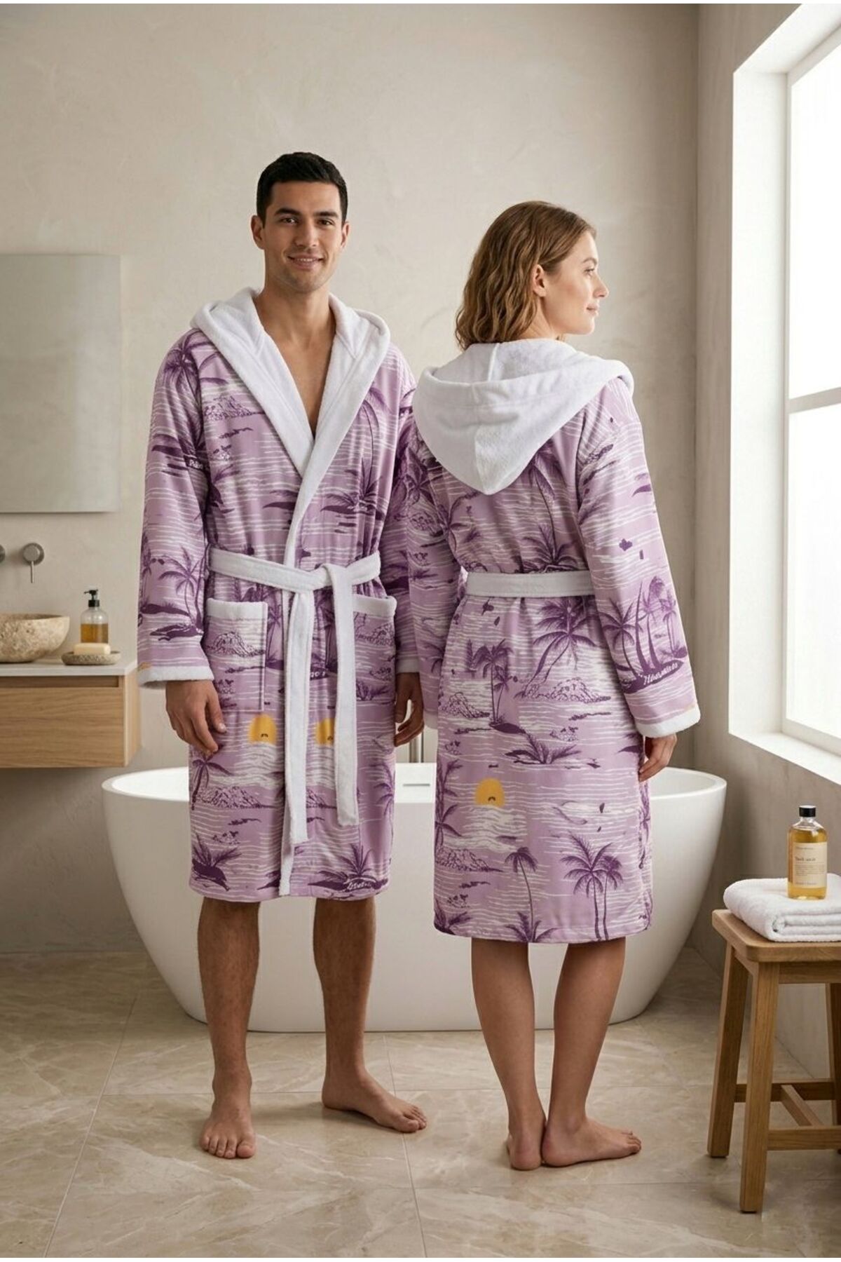 Retro Island Cotton Patterned Hooded Bathrobe