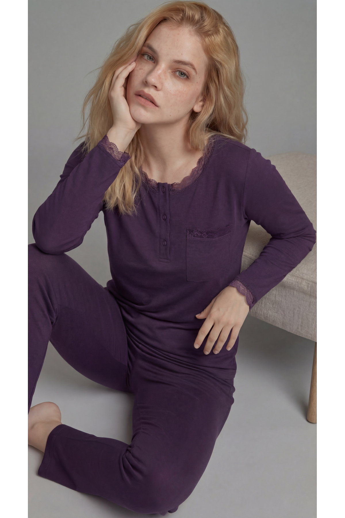 Purple Ring Viscose Long Sleeve Patterned Lace Plus Size Pajamas Set