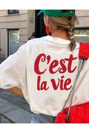 LELVANİ Kadın Cest La Vie Kırmızı Baskılı Tshırt