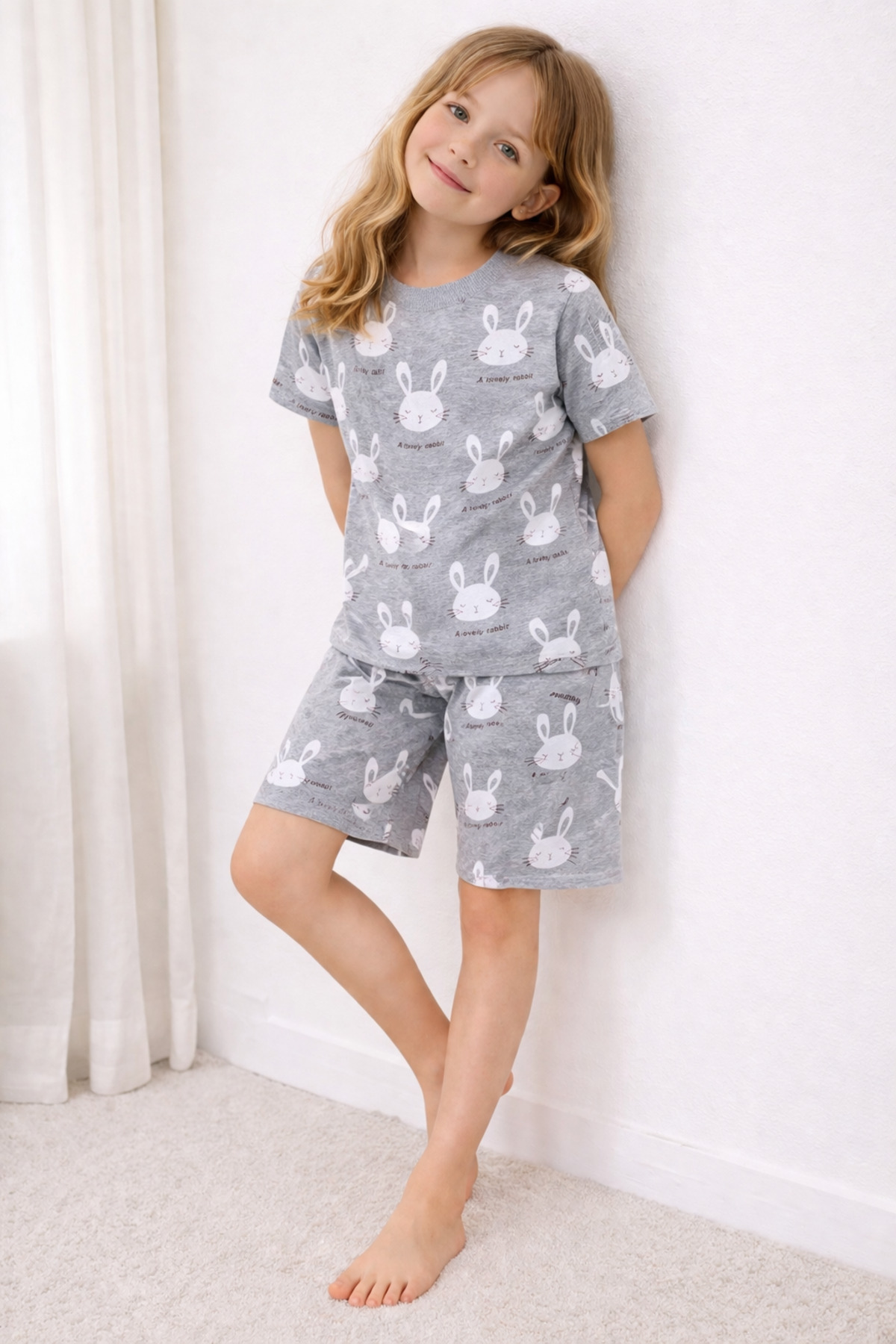 Girls Short Sleeve And Shorts Crew Neck Casual Pattern Pajamas Set Bottom-Top Set