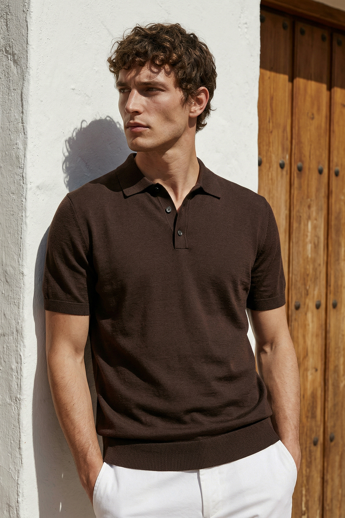 Men's Polo Neck Buttoned Short Sleeve Knitwear T-Shirt Brown 26S2016