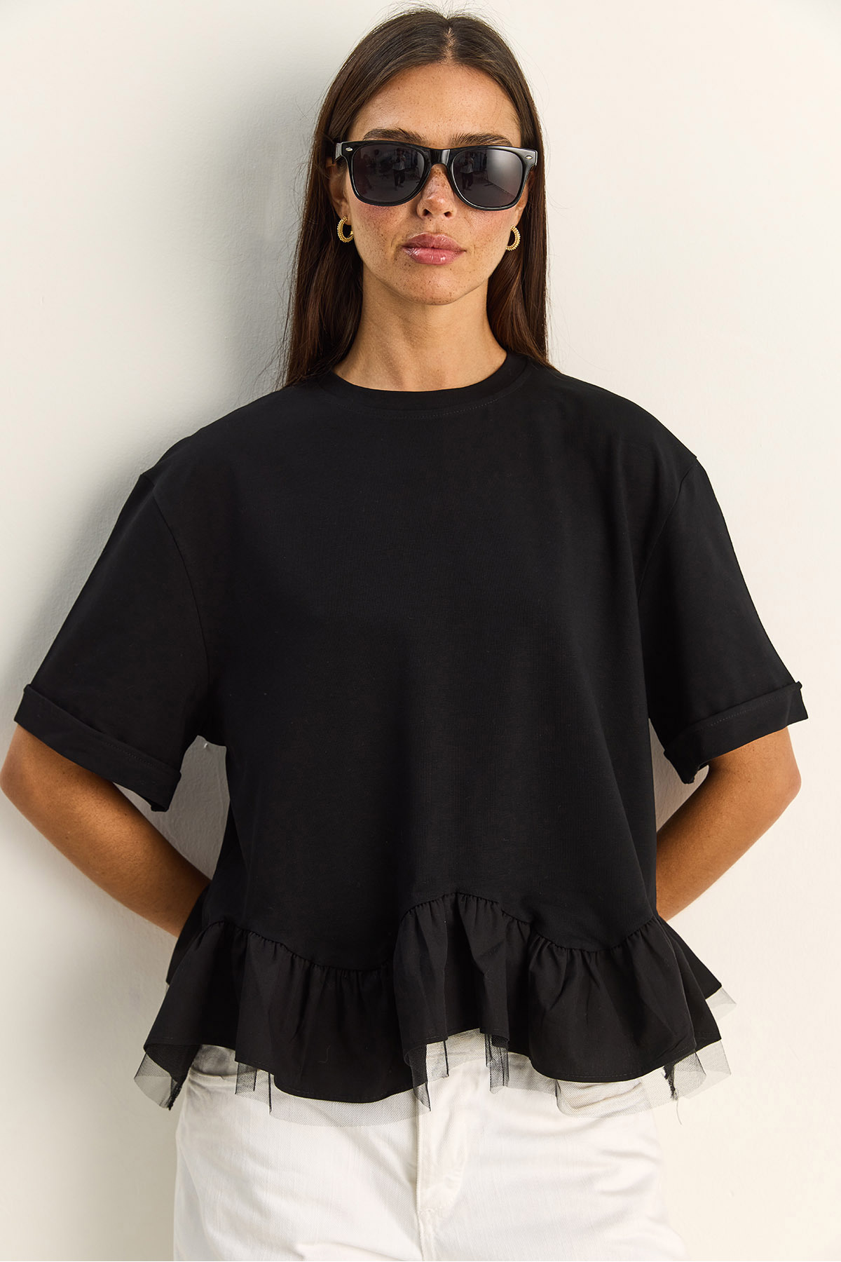 Bianco Lucci Women's Tulle Detailed Flounce Oversize Basic T-Shirt 8789 60286165