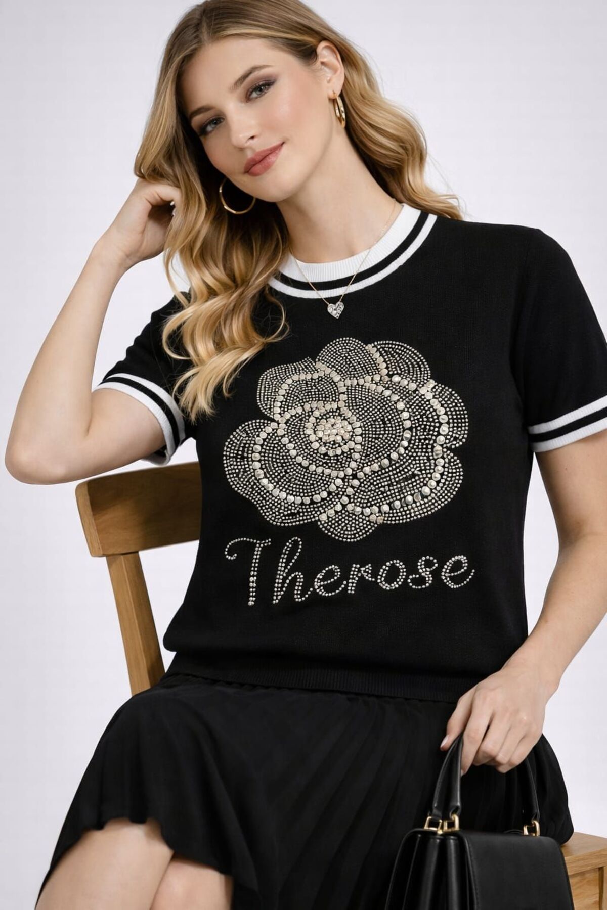 ZERELLE COLLECTİON Women's Basic T-Shirt with Pearl and Stone Details