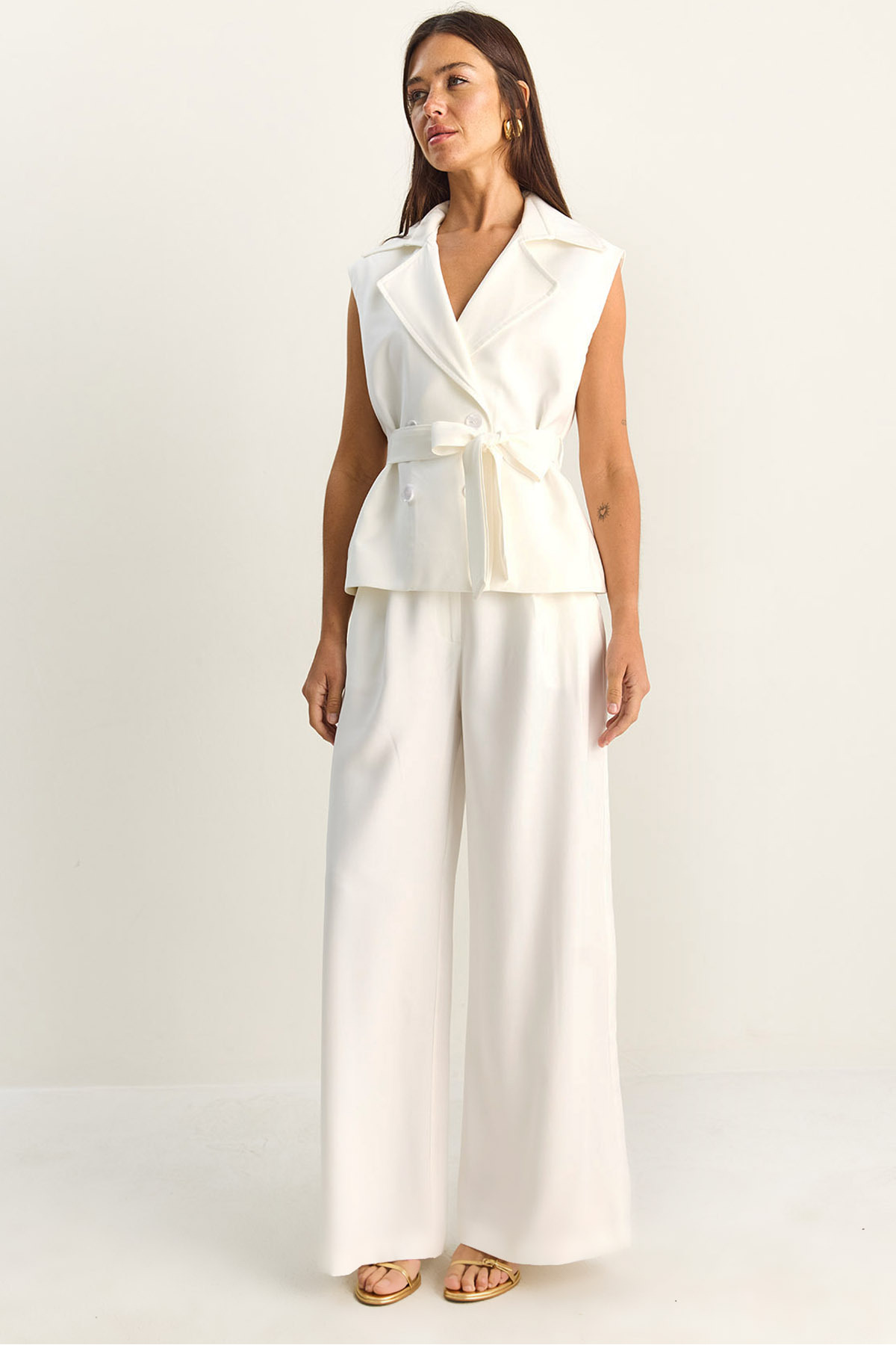 Women's Wrap Collar Classic Vest with Belt High Waist Palazzo Pants Modal Set 9418 60286159