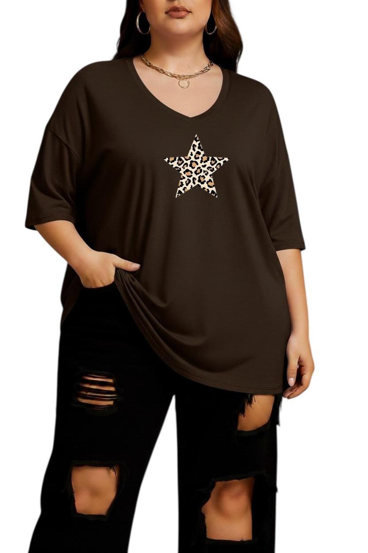 LEOPARD STAR PRINTED V-NECK OVERSIZED TEE 2CZ1