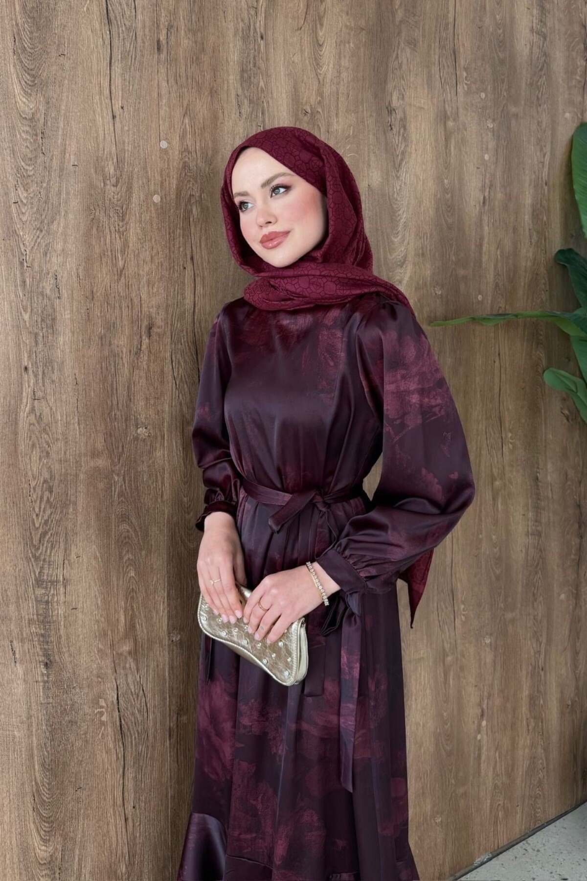 Şulemoda Giyim  Melike Desenli Saten Elbise Bordo - Görsel 4