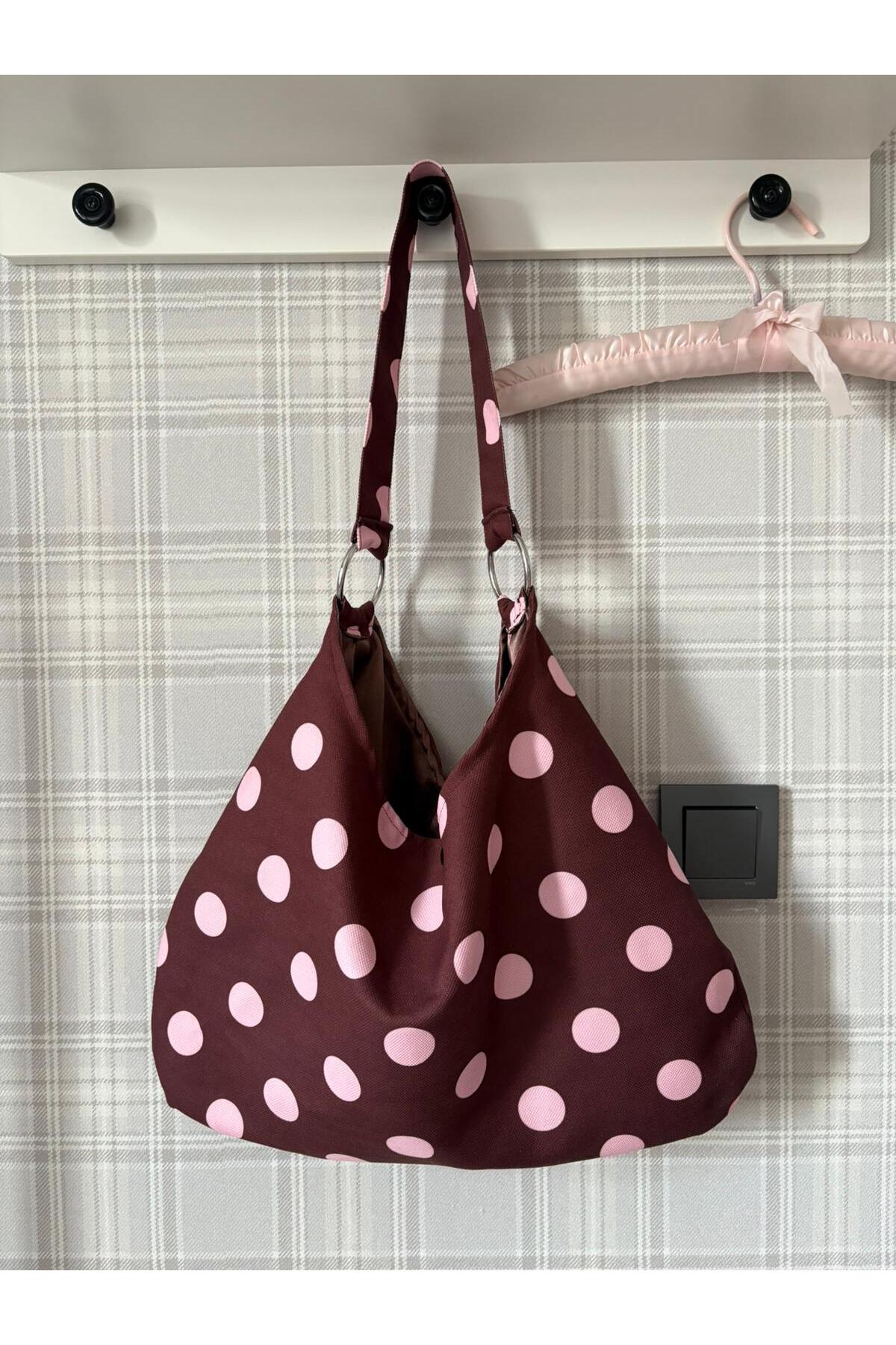 MUTE BAG Polka Bag Puantiye Çanta / Puantiyeli Omuz Çantası Kahverengi & Pembe (28*49)