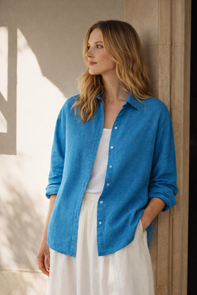 The Cotton Kadın İndigo Mavi Keten Düşük Kol Loose Fit Gömlek
