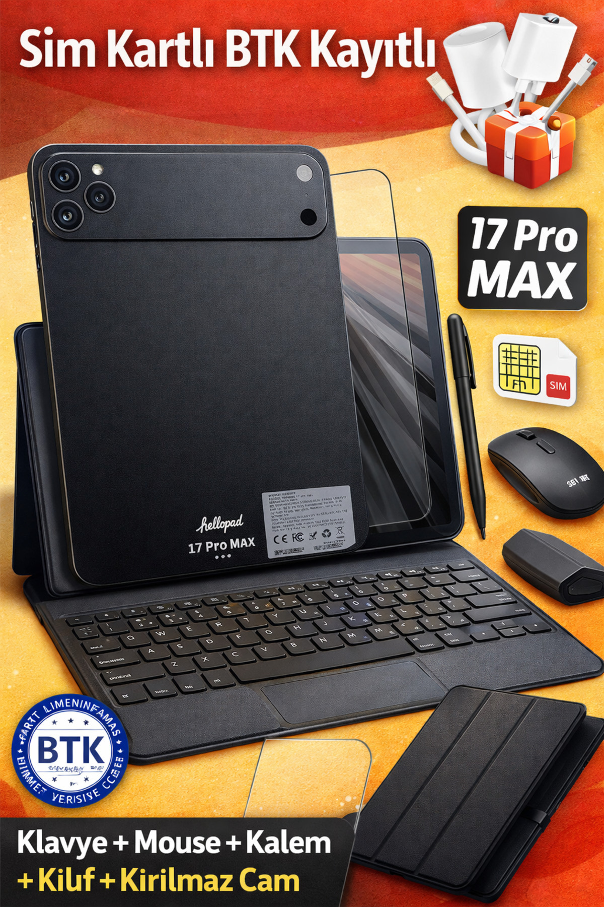 asf teknoloji 17 ProMax Sim Kartlı BTK Kayıtlı Klavye+Mous+Kalem+Kılıf+Kırılmazcam Hediyeli Full Set Tablet