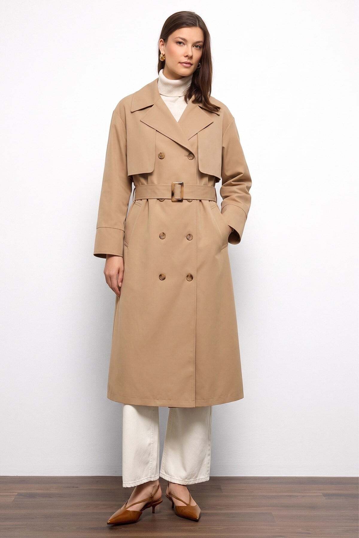 Olcay Cape Detailed Soft Fabric Unlined Trench Coat Beige 6843