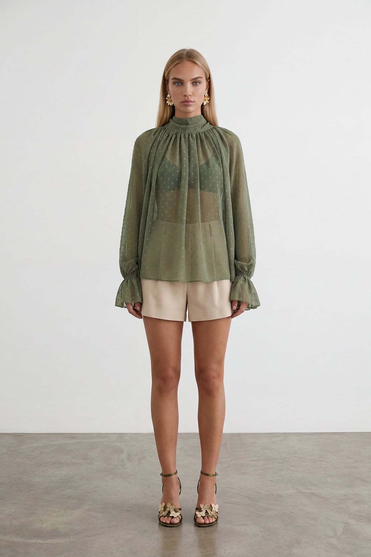 Women's Green Upright Collar Cloak Cut Princess Sleeve Chiffon Blouse Alc-X14853