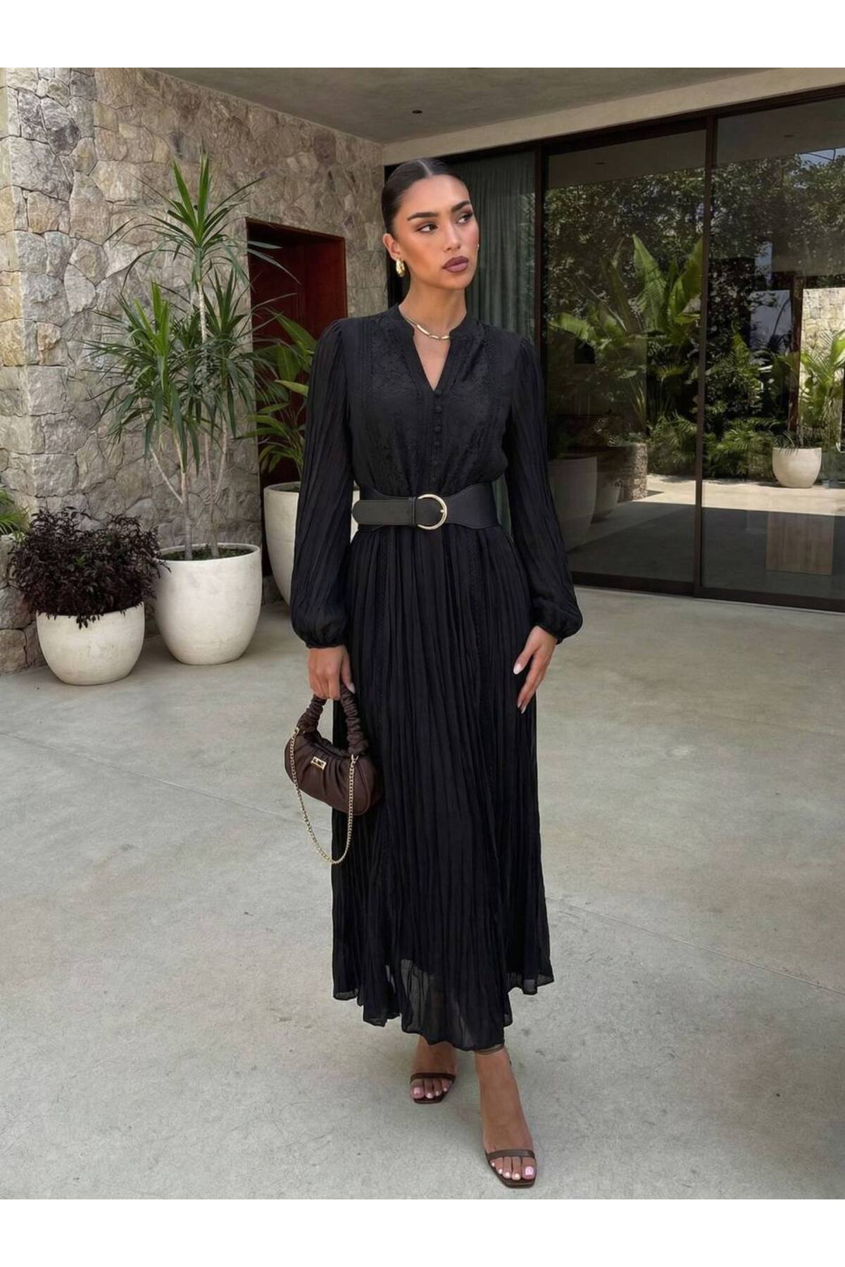 My Blog Black Lace Detailed Dress with Belt Details - 3392