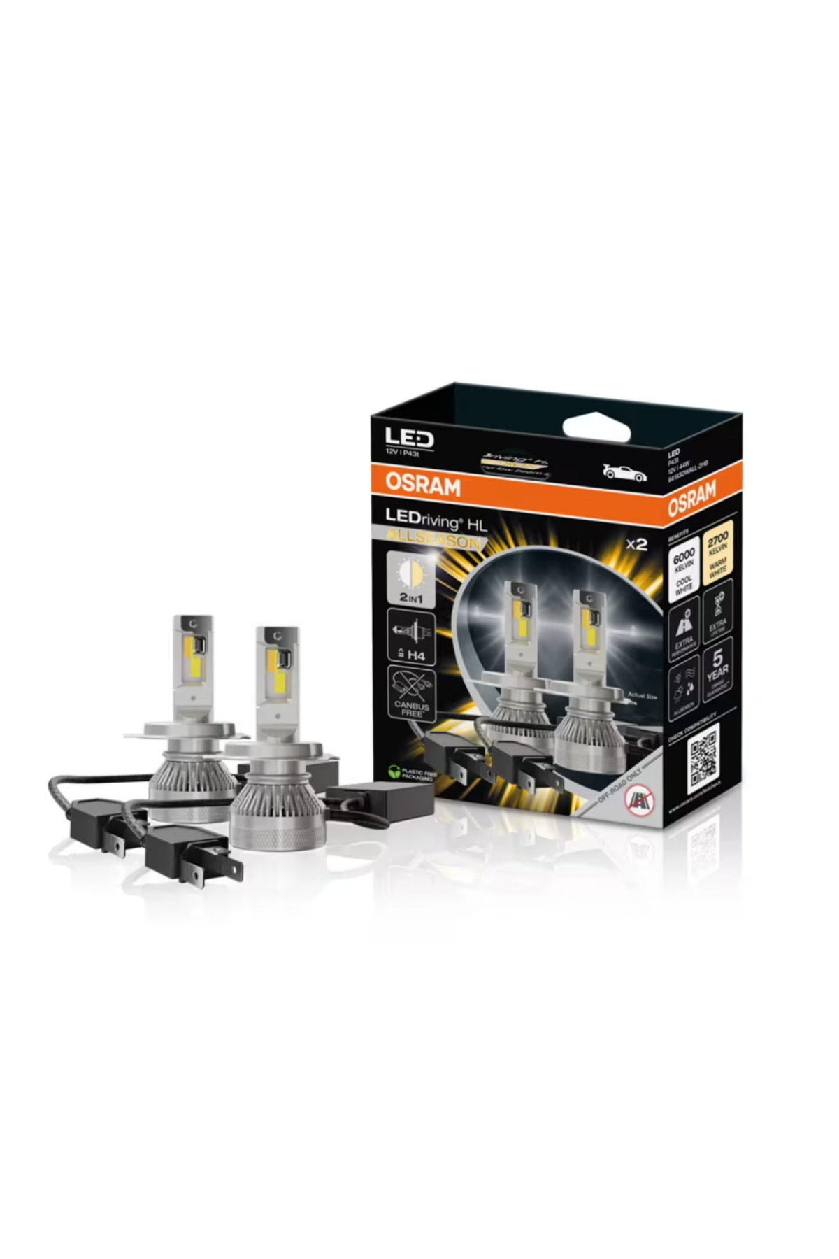 H3 H4 H5 SEC LC 4枚セット Osram LEDriving HL H4 AllSeason Sarı+Beyaz 2in1 6000K Güçlü Işık