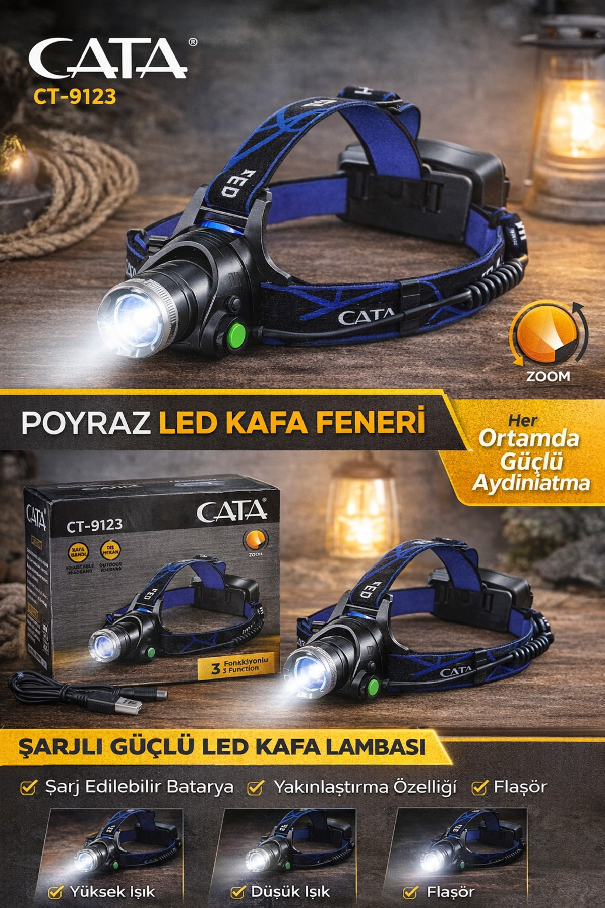 Cata CT-9123 POYRAZ 5W LEDLİ ŞARJLI KAFA FENERİ 6400K BEYAZ IŞIK