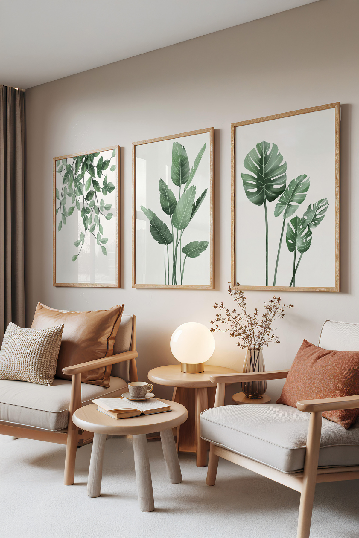 3-Piece Painting Set with Wooden Frame, Green Botanical – Minimal Leaf Pattern Set No: 30162