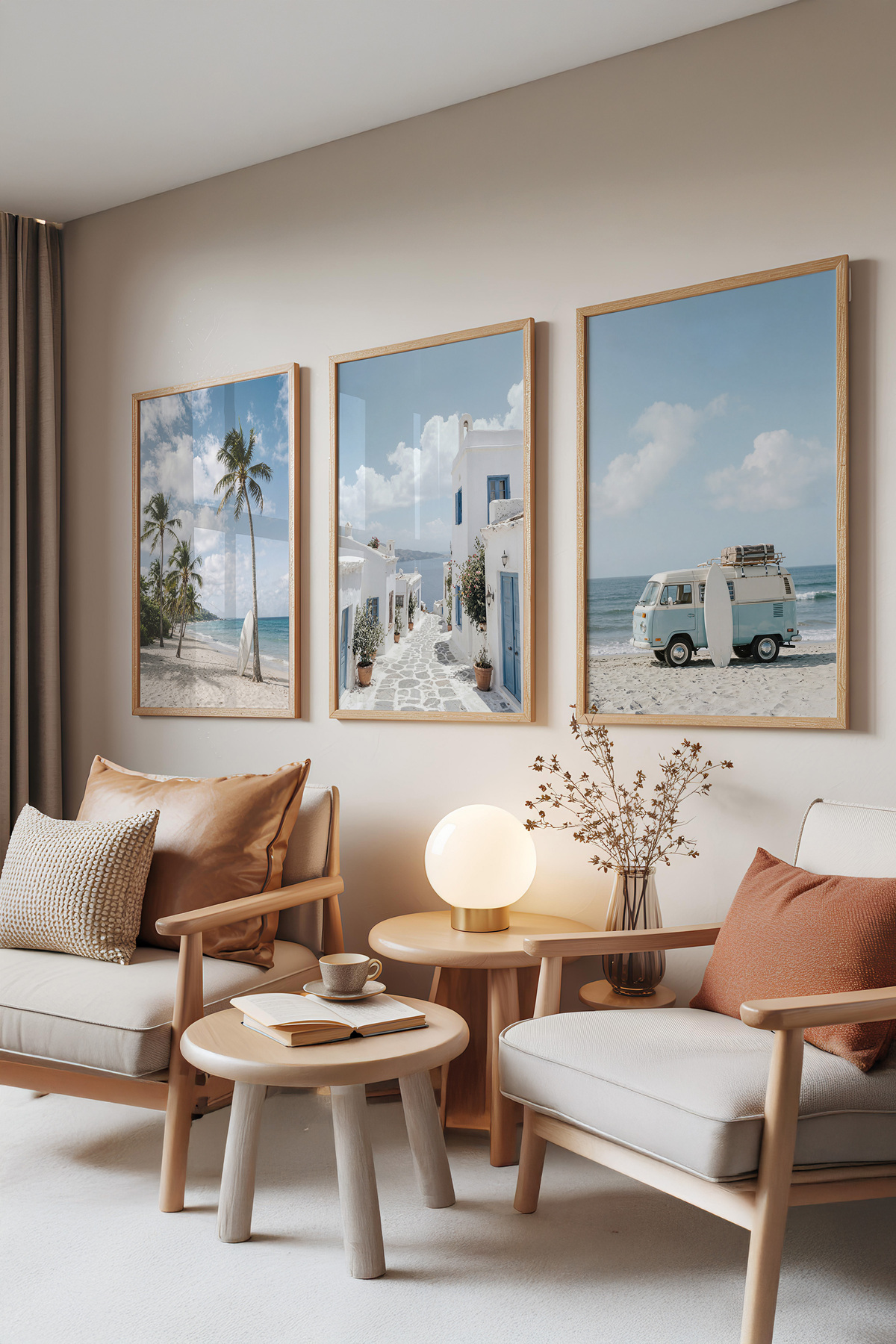 3-Piece Painting Set with Wooden Frame, Coastal Life-Palm and Beach View Set No: 30156