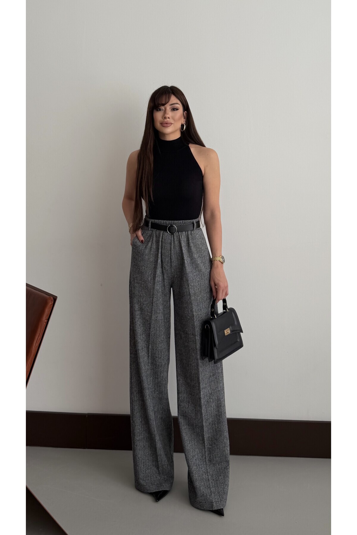 mor butik Kadın Siyah Balıksırtı Desenli Bol Paça Cepli Kemerli Palazzo Pantolon
