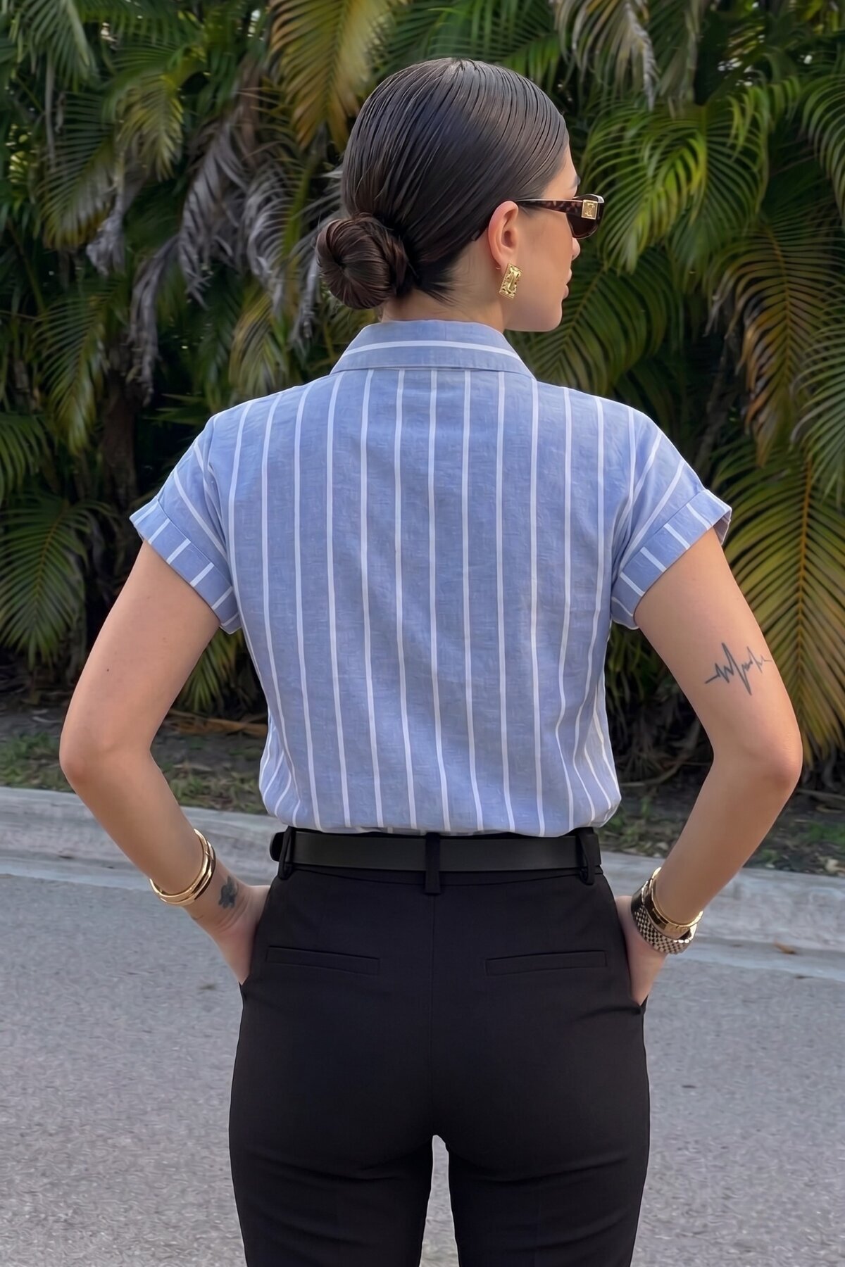 armonika  Kadın Saks Çizgili Kısa Kol Gömlek ARM-19Y001067 - Görsel 2