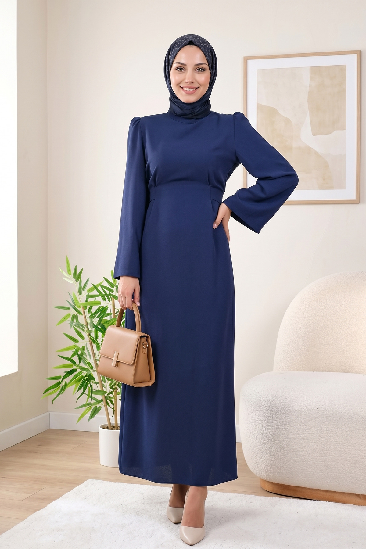Judge Collar Seated Waist Back Zippered Sleeve Cuffed Modest Pen Dress - Blue Night