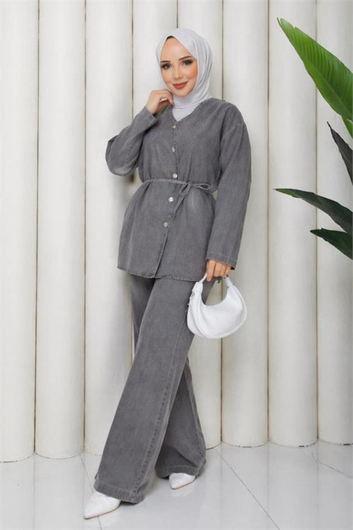 Neşeli Butik Women's Gray Buttoned Belt Detailed Double Denim Hijab Set Nbft010