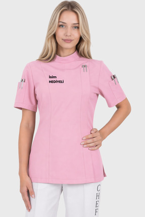 Üniformanya İsim Hediyeli Açık Pembe Kısa Kollu Kadın Aşçı Ceketi Şef Ceketi ...