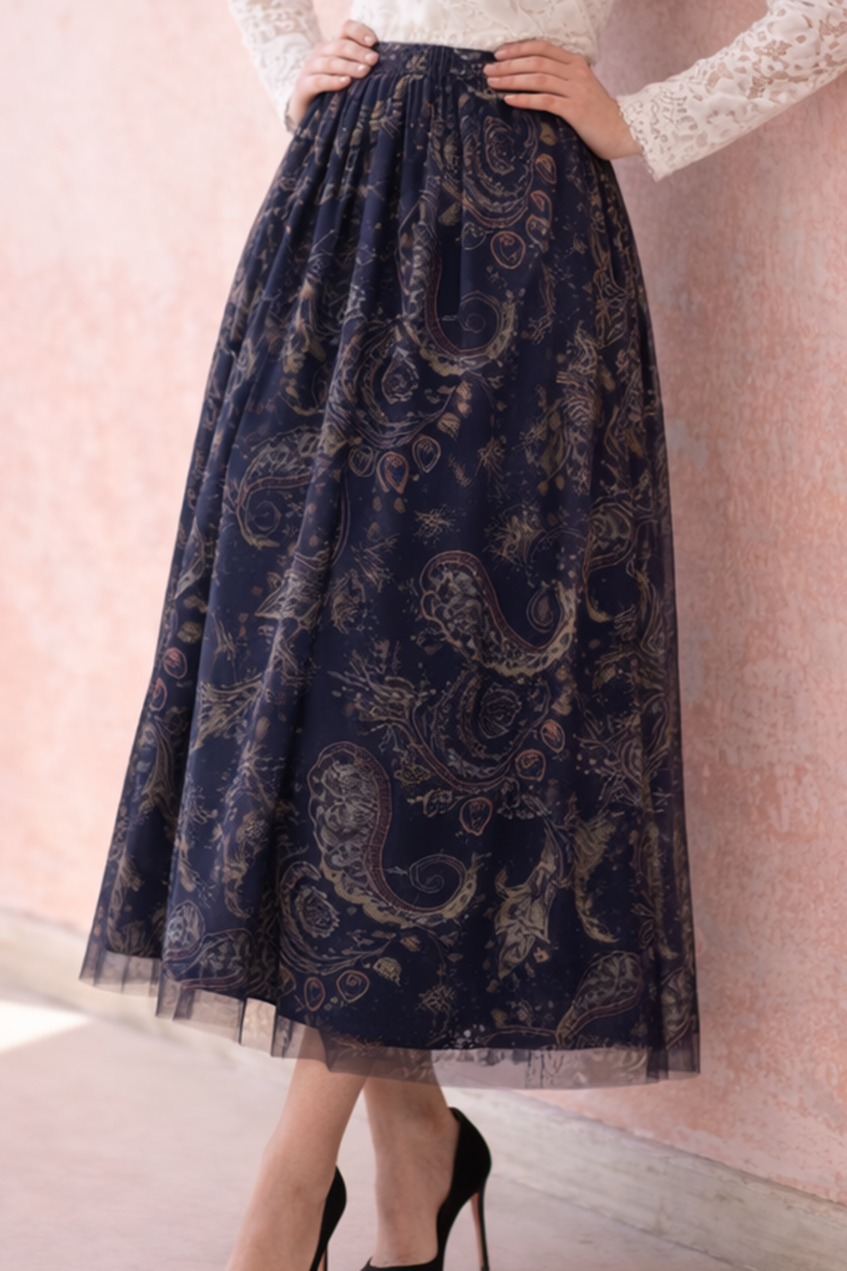 benguen  Desenli Tül Etek A222 Lacivert - Görsel 3