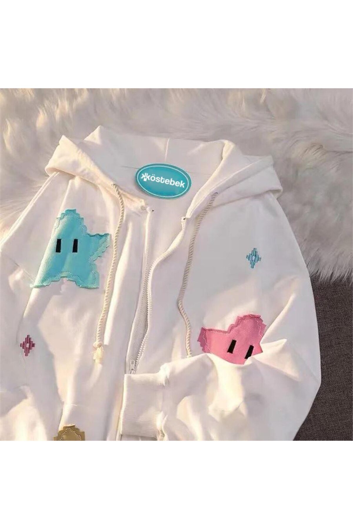 Minga London  Beyaz Pixel Stars Fermuarlı (UNİSEX) Kapüşonlu Sweatshirt-MingaLondon