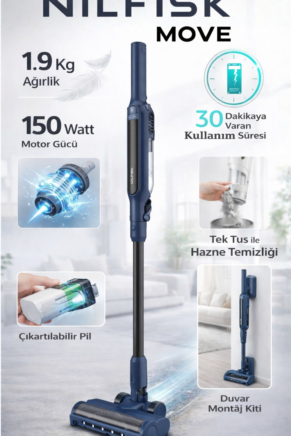 Nilfisk Move Dark Blue - Kablosuz Dikey Süpürge 1,9 Kg