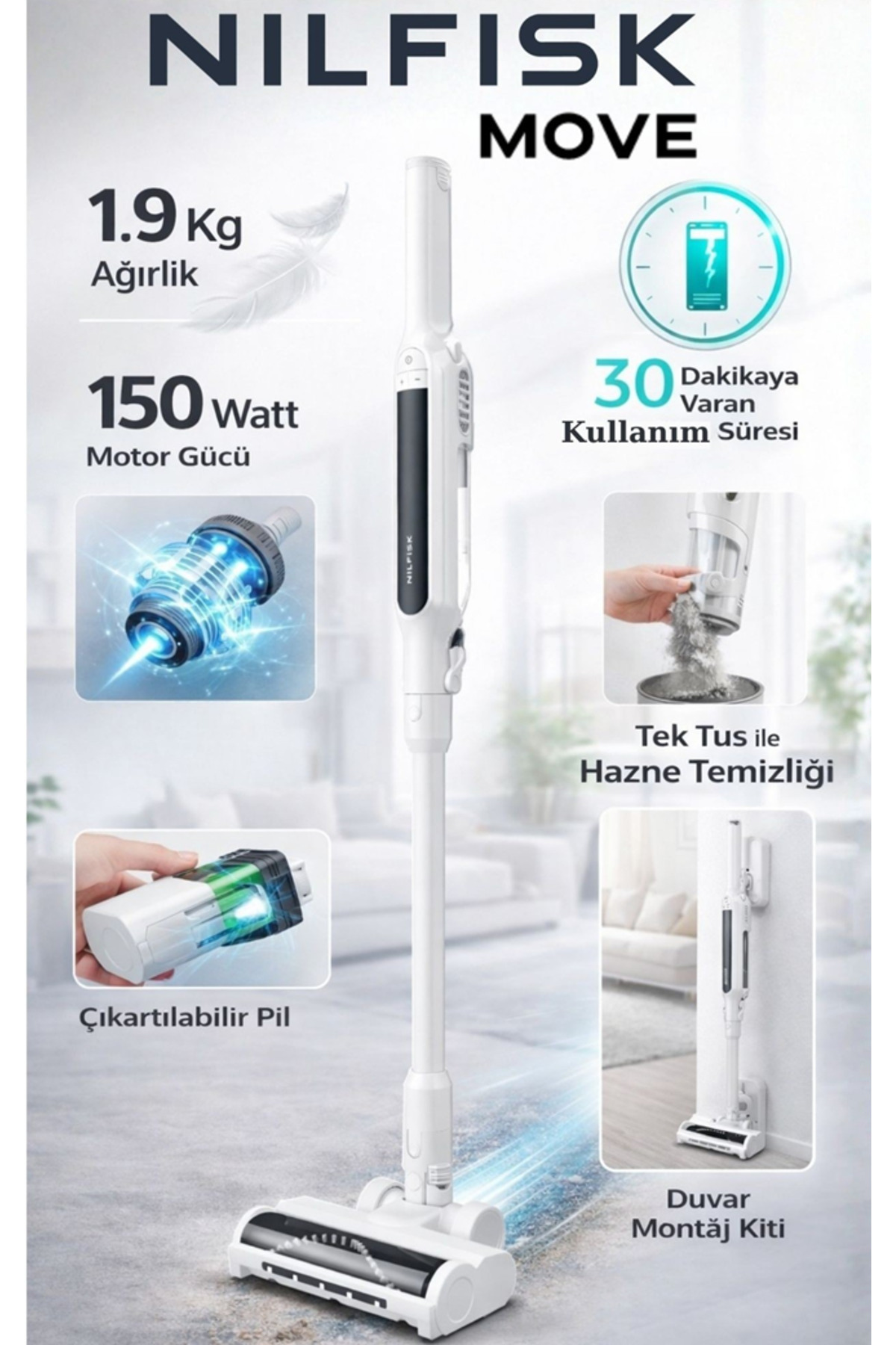 Nilfisk Move Dark Blue - Kablosuz Dikey Süpürge 1,9 Kg