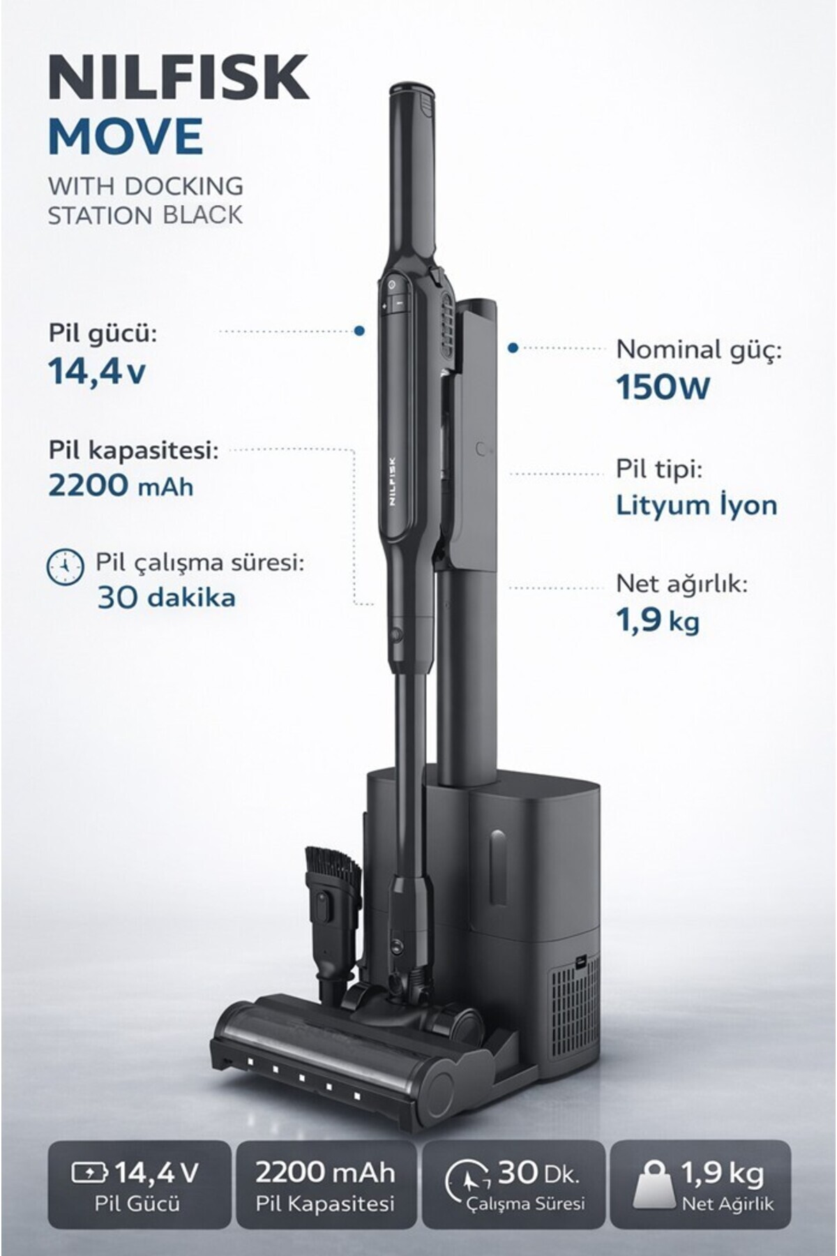 Nilfisk MOVE WITH DOCKING STATION BLACK - KABLOSUZ STANT'LI DİKEY ŞARJLI SÜPÜRGE / SİYAH