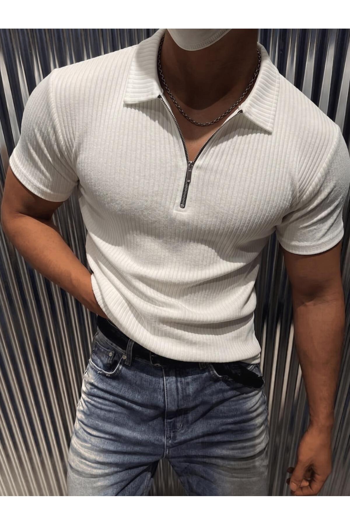 Luuk Men's Slim Fit Zippered Polo Collar Ribbed T-Shirt