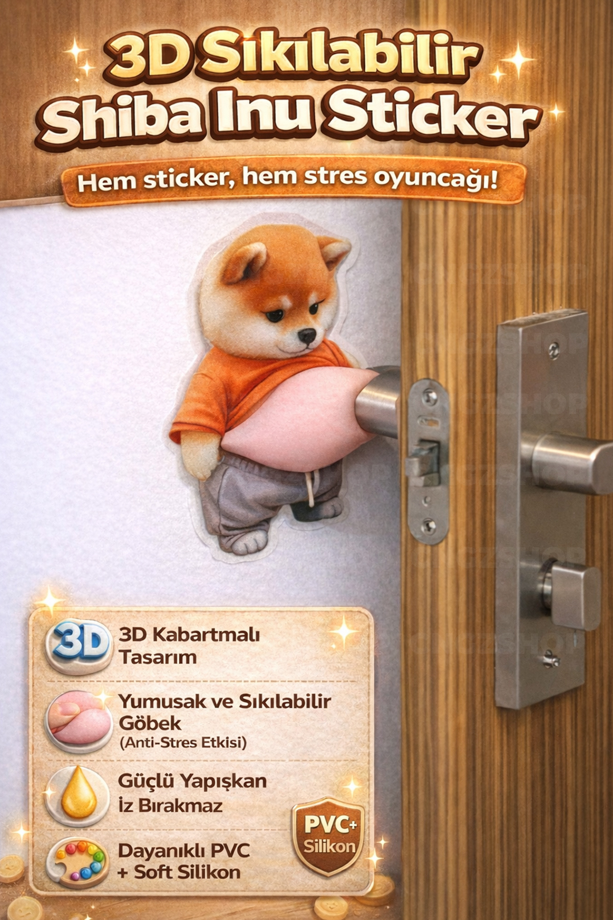 CNGZSHOP 3D Kabartmalı Sıkılabilir Shiba Inu Sticker | Anti-Stres