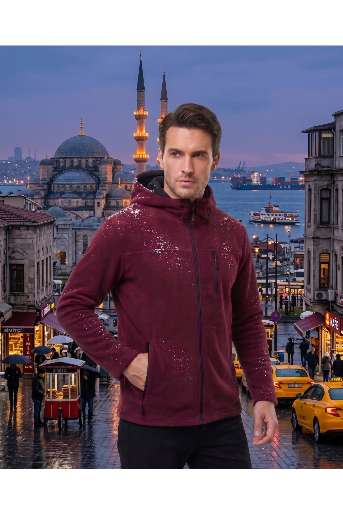 Erkek Bordo Kapüşonlu Polar – 3 Cepli Fermuarlı Sıcak Tutan Kışlık Outdoor Polar — زرشکی 342342423 — تصویر 3 از 5