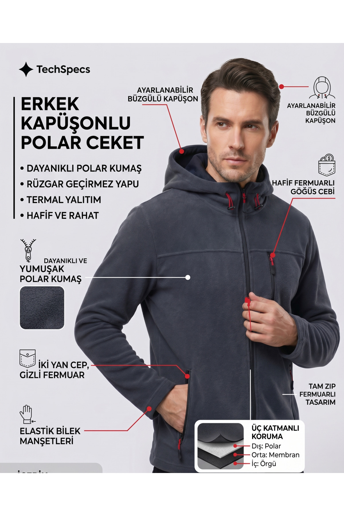 ERKEK Kapüşonlu koyu gri Polar 3 Cepli Fermuarlı Sıcak Tutan Kışlık Outdoor Hoodie Günlük StilPro — خاکستری 342342423