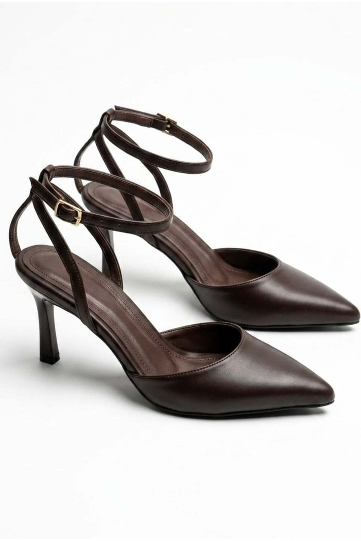 Women's Brown Ankle Tied Pointed Toe Heels Classic Heels Stiletto TT001